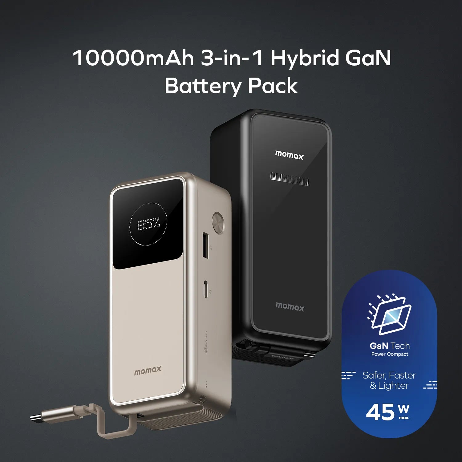 1-Pac⁺ 10000mAh 3in1 Hybrid GaN Battery Pack with Built-In Retractable Cable
