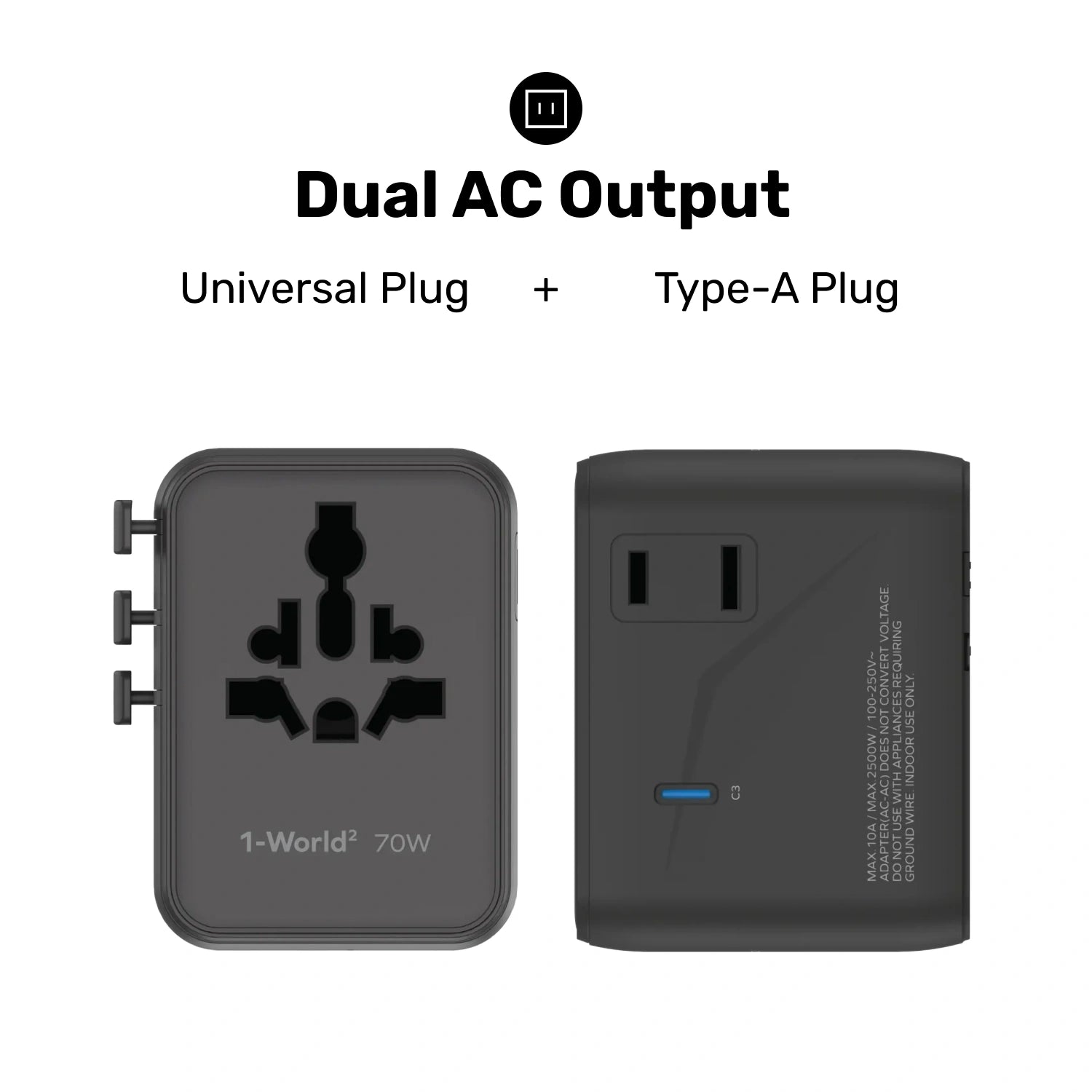 1-World² 5-Port Mini Universal Travel GaN Charger 70W with Dual AC