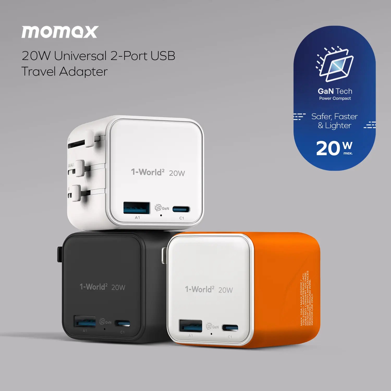 1-World²
2-Port USB-A and USB-C GaN Travel Charger 20W