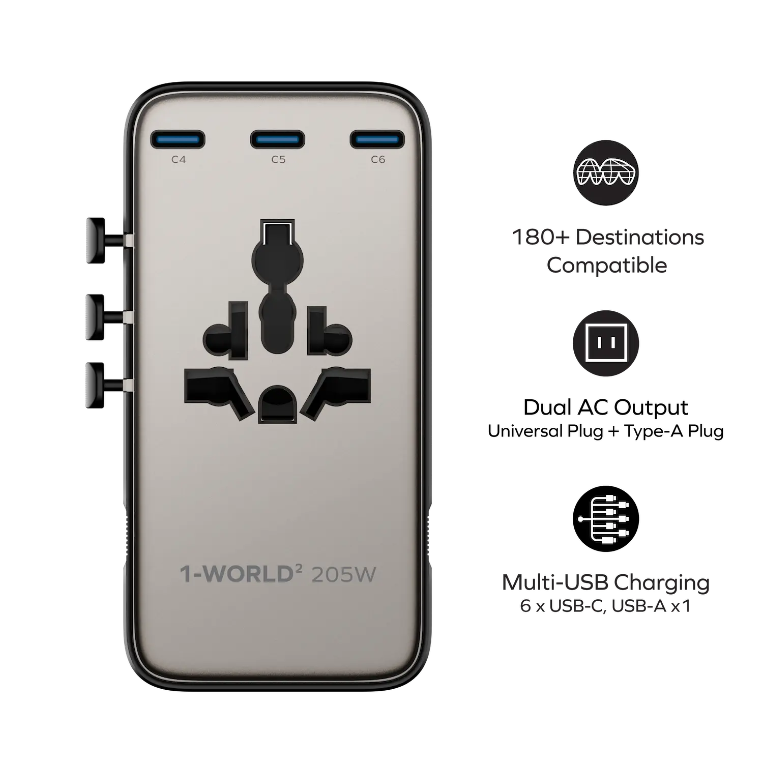 1-World² 205W 7-Port Dual AC Travel Adapter