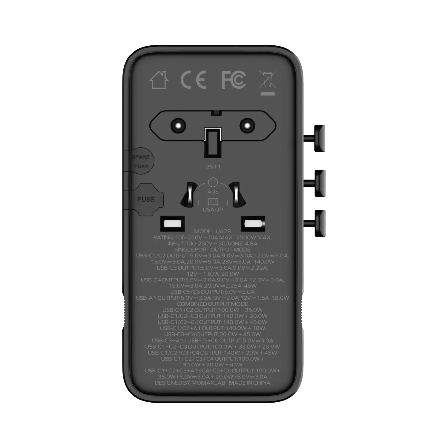 1-World² 205W 7-Port Dual AC Travel Adapter