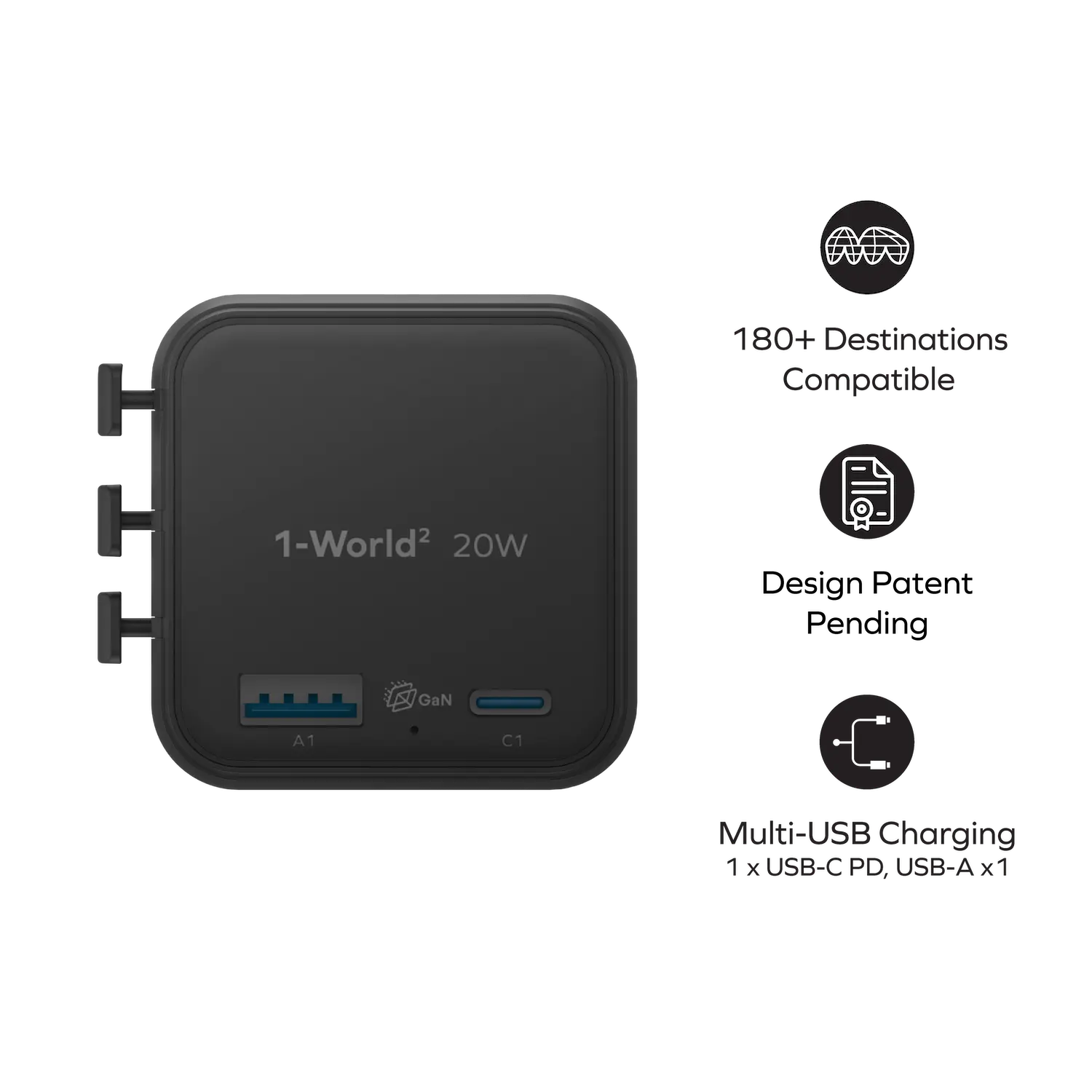 1-World²
2-Port USB-A and USB-C GaN Travel Charger 20W